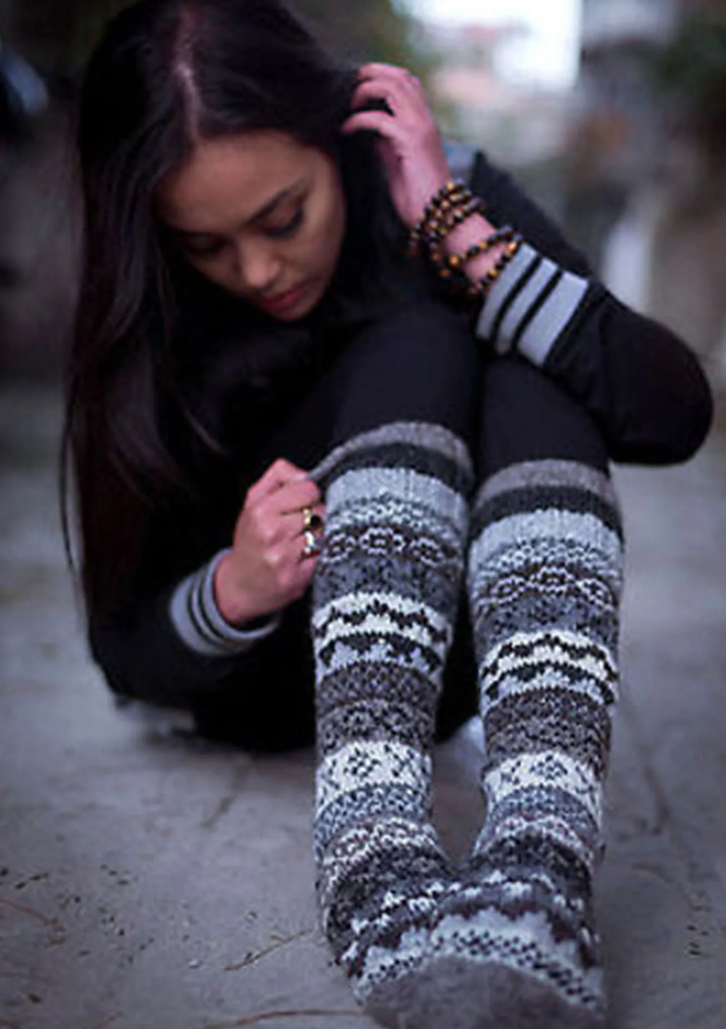 Natural Grey and White Hand Knitted Knee High Socks