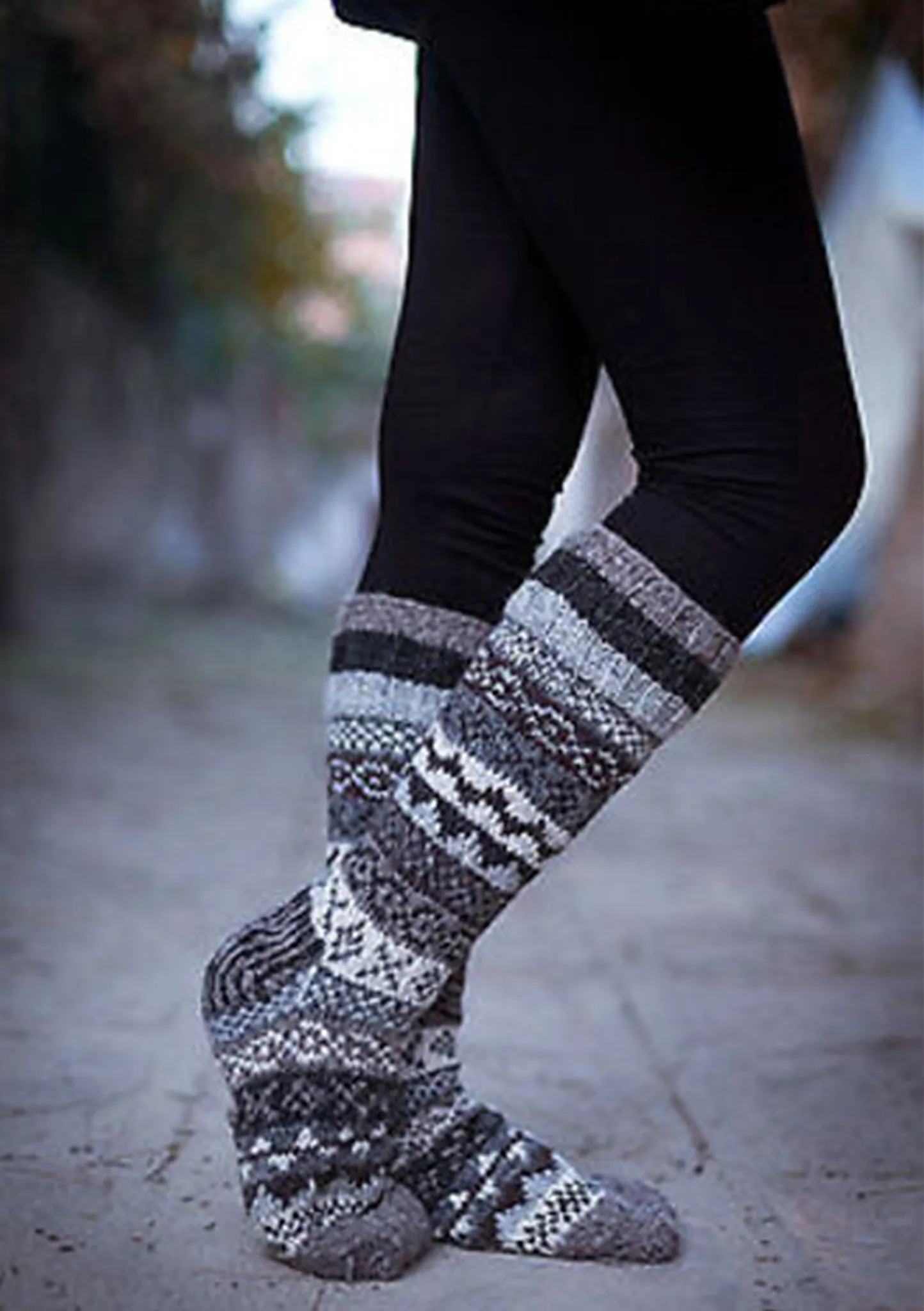 Natural Grey and White Hand Knitted Knee High Socks