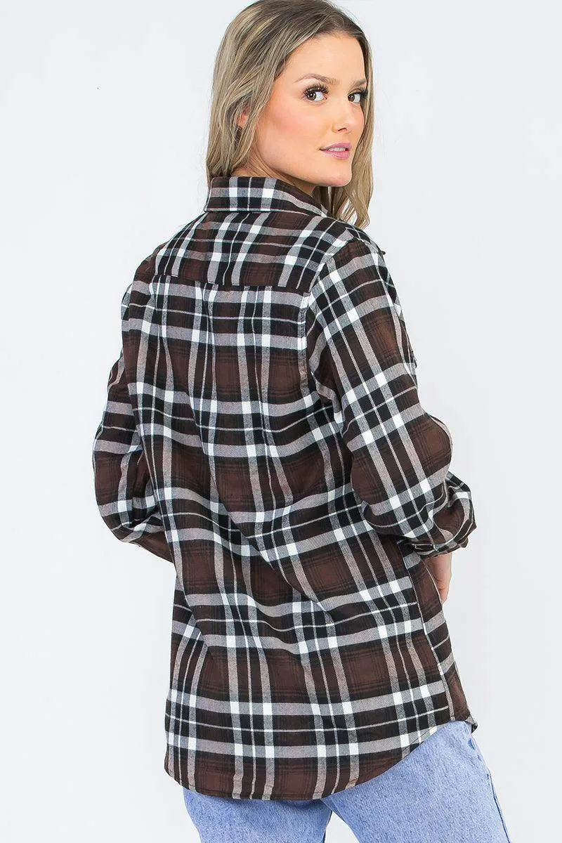 Oversize Boyfriend Brown Plaid Checkered Flannel