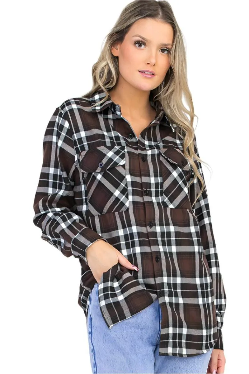Oversize Boyfriend Brown Plaid Checkered Flannel
