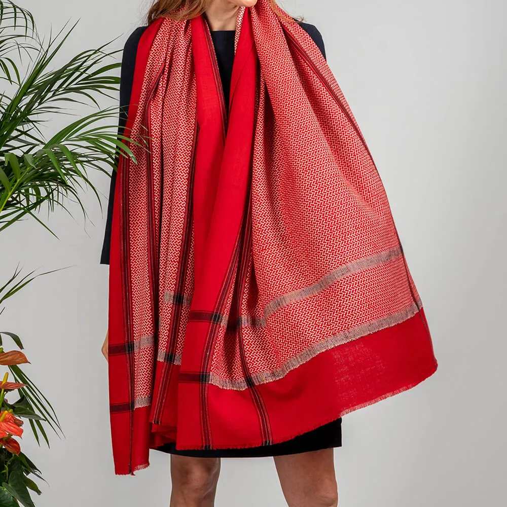 Red and Ivory Hand Woven Pashmina Cashmere Shawl