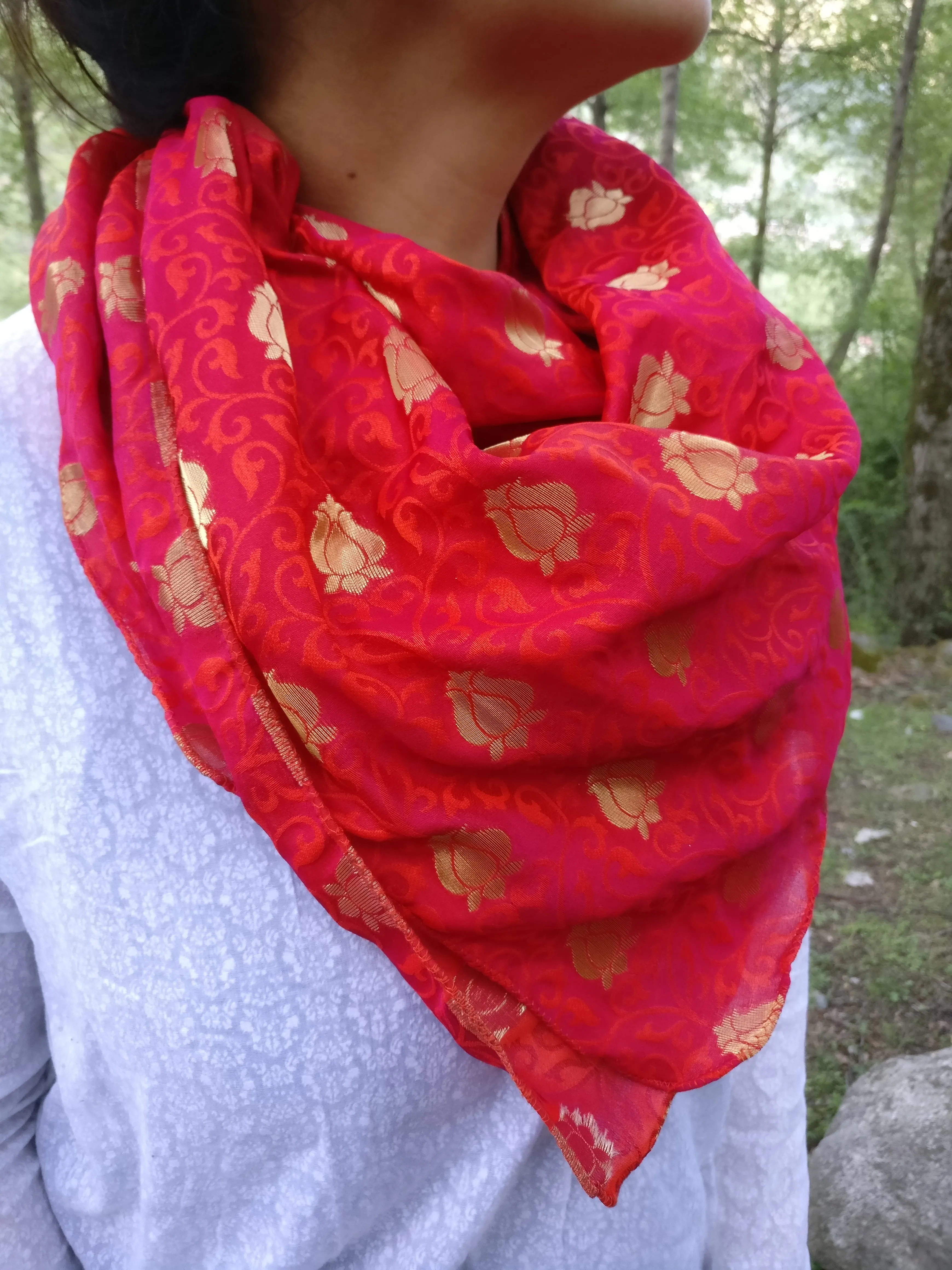 Red Brocade Silk Scarf