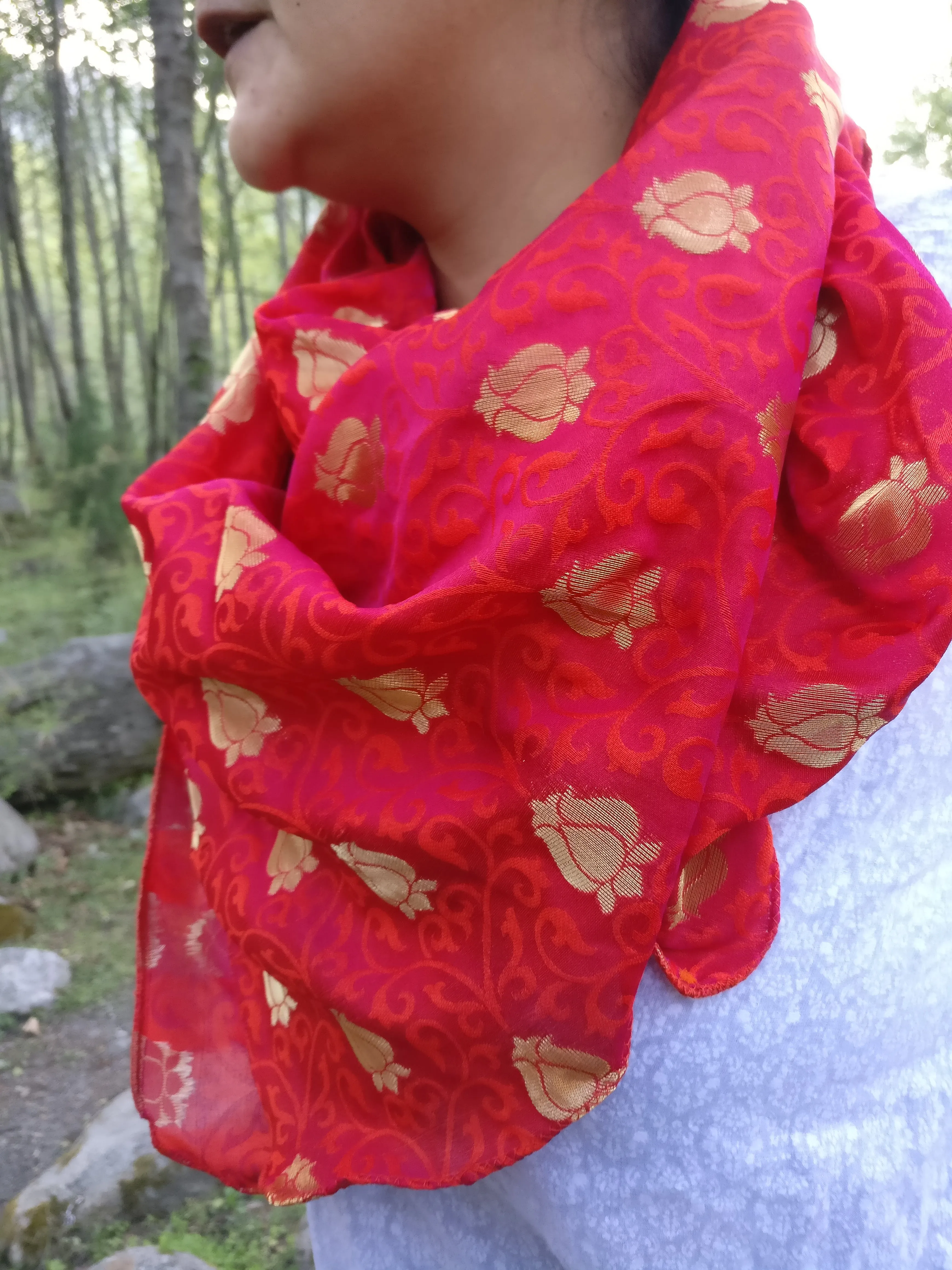 Red Brocade Silk Scarf