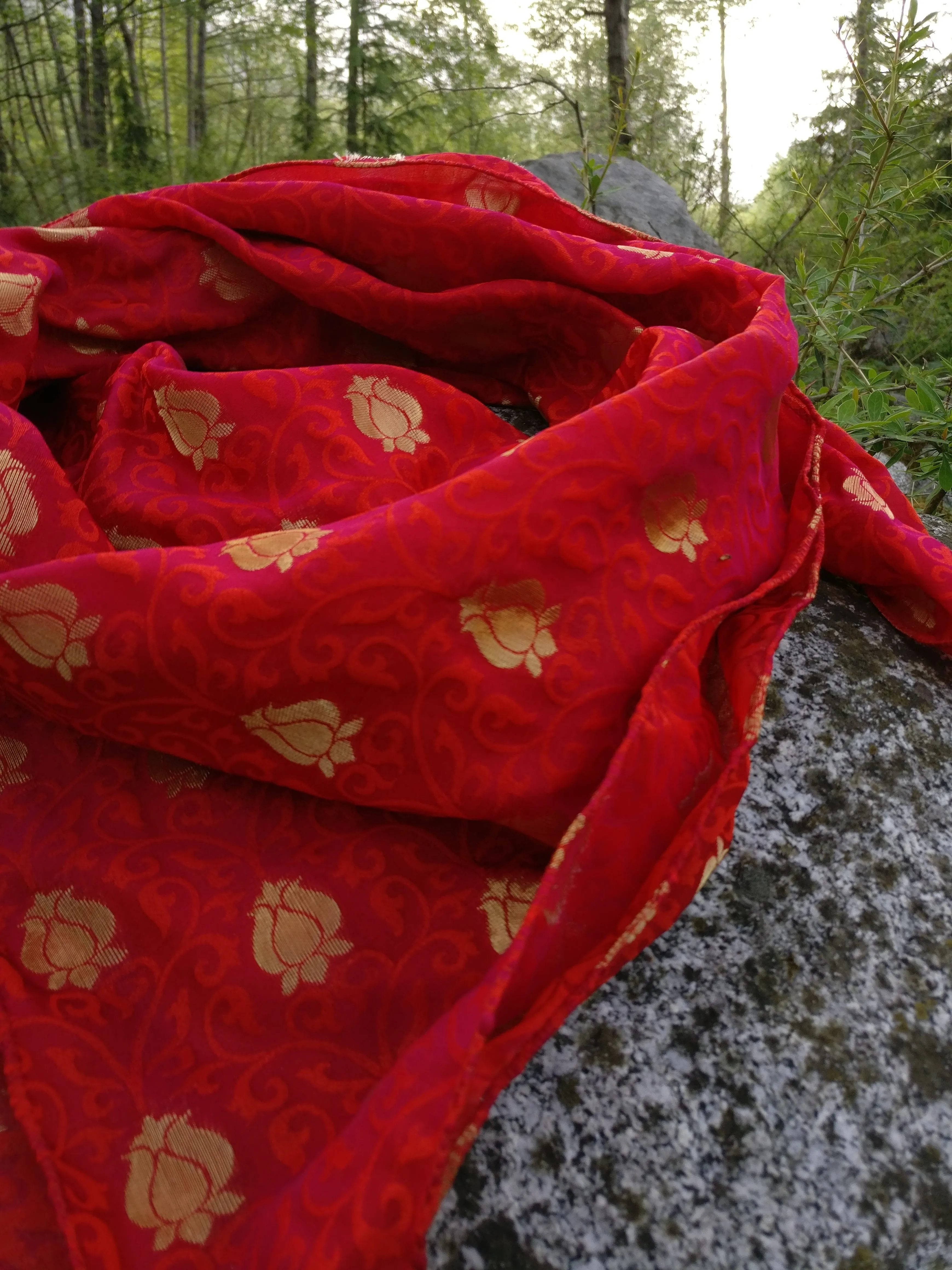 Red Brocade Silk Scarf