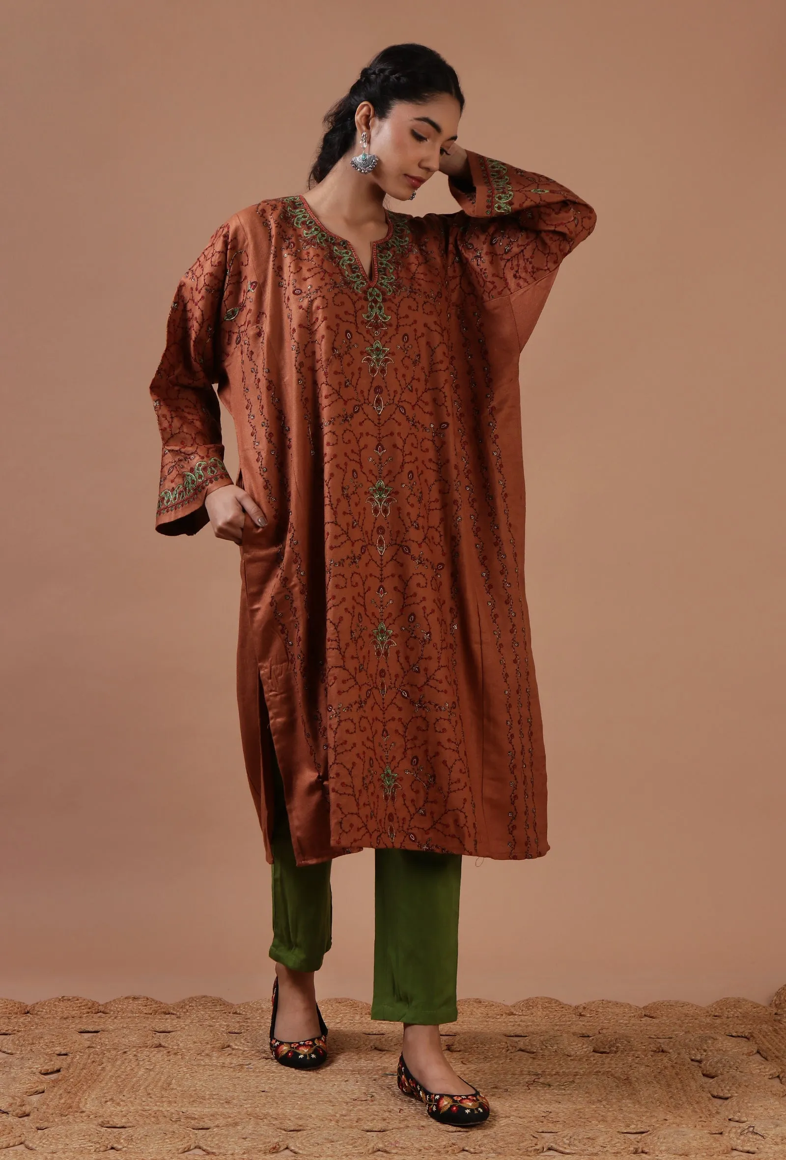 Salmon Woolen Sozni Embroidered Phiran- Free Size