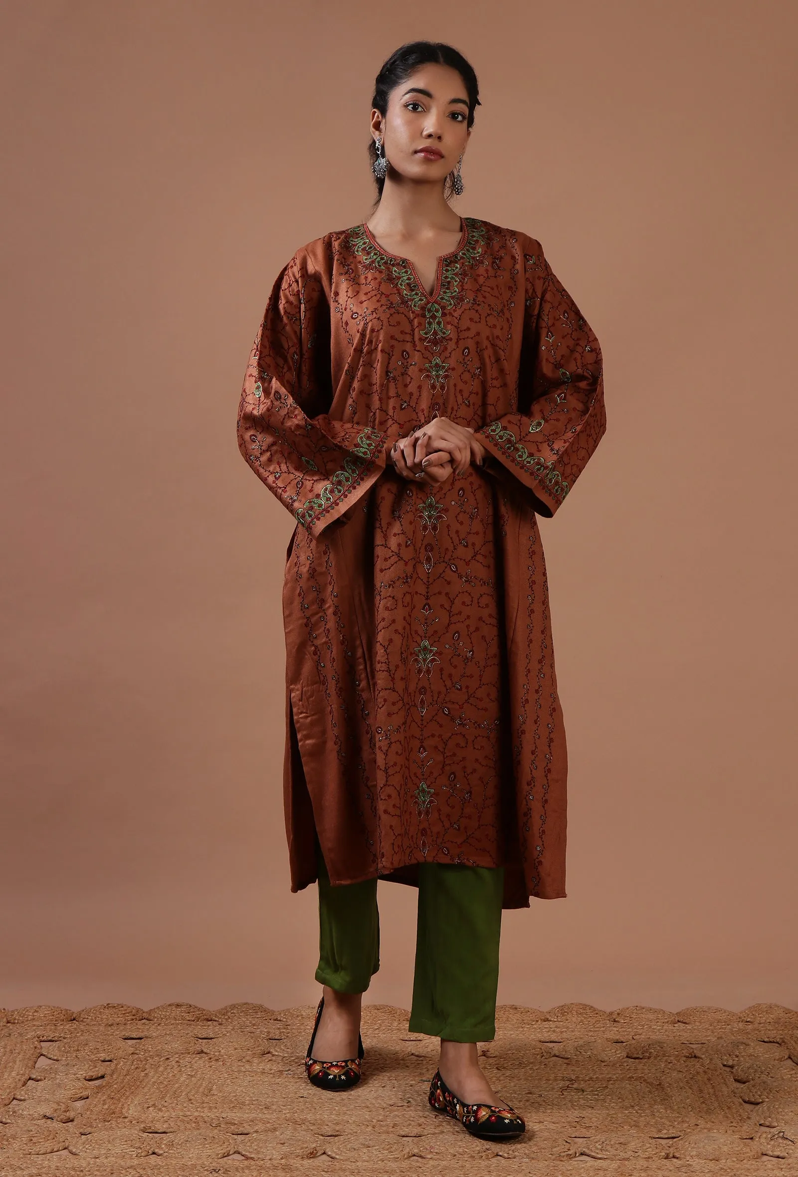 Salmon Woolen Sozni Embroidered Phiran- Free Size