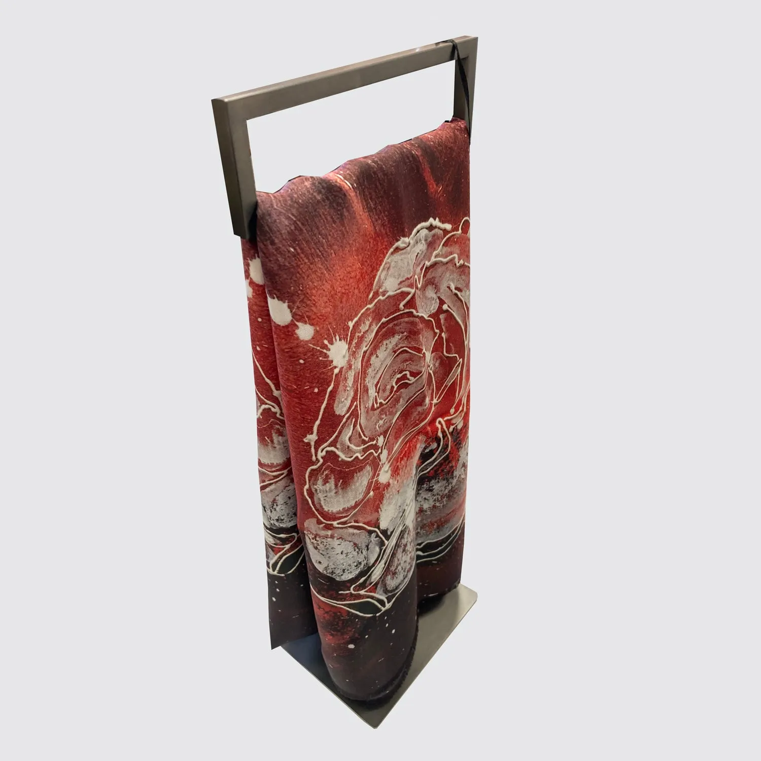 Silk Scarf - Red With Line Roses - Hand-Rolled Hems