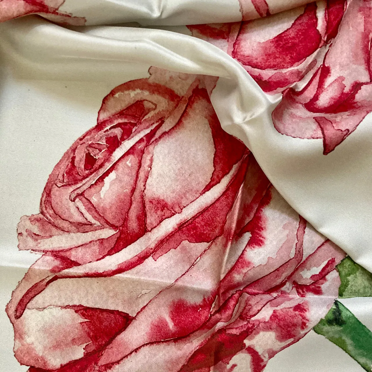 Silk Scarf With Watercolour Roses - Hand-Rolled Hems