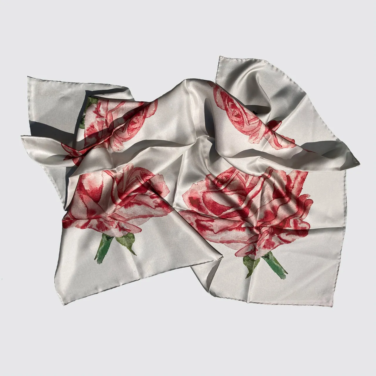 Silk Scarf With Watercolour Roses - Hand-Rolled Hems