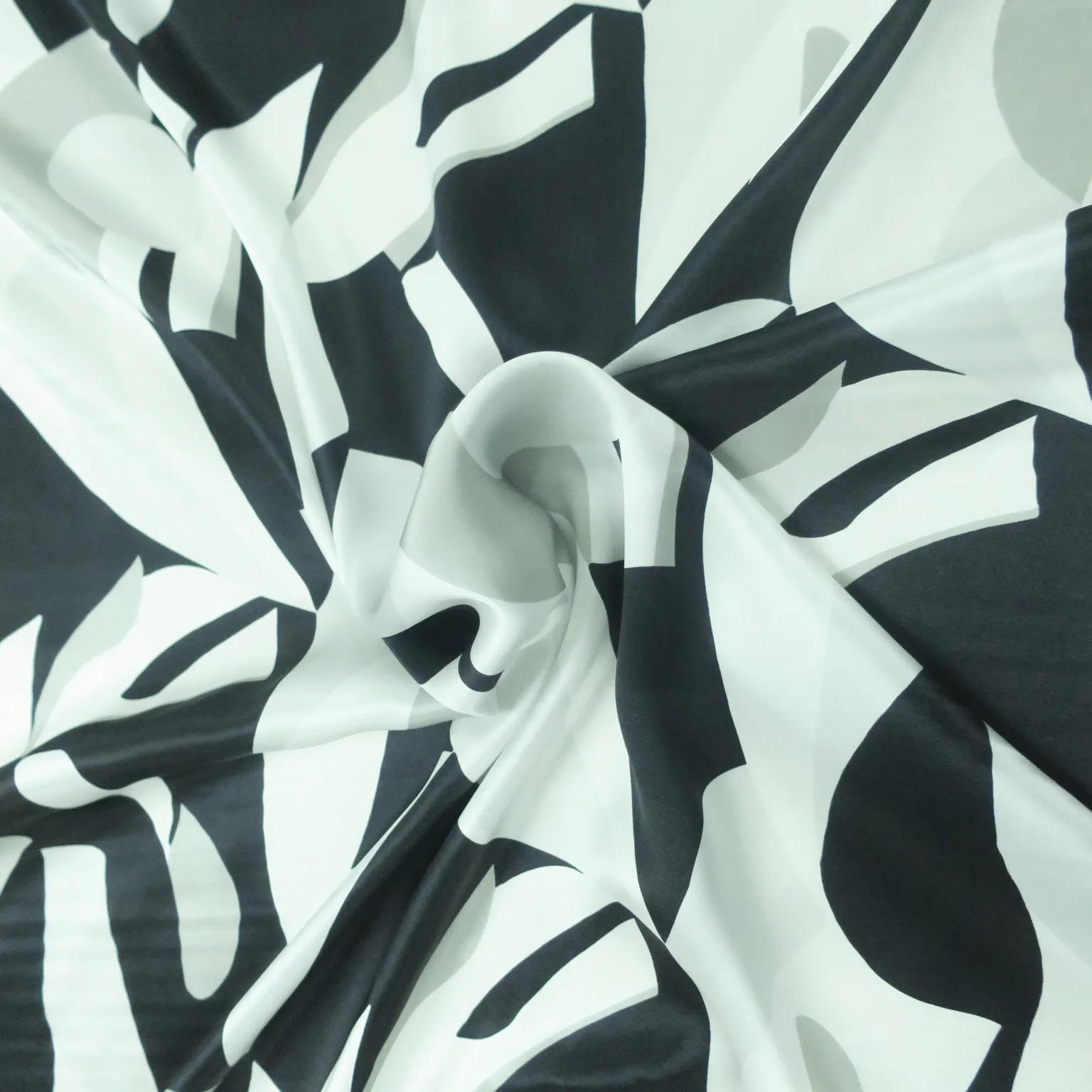 Silver and Black Abstract Printed Silk Charmeuse Fabric