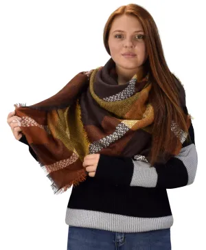 Tan Brown Multicolor Tartan Plaid Oversized Blanket Scarf Shawl Wrap Poncho
