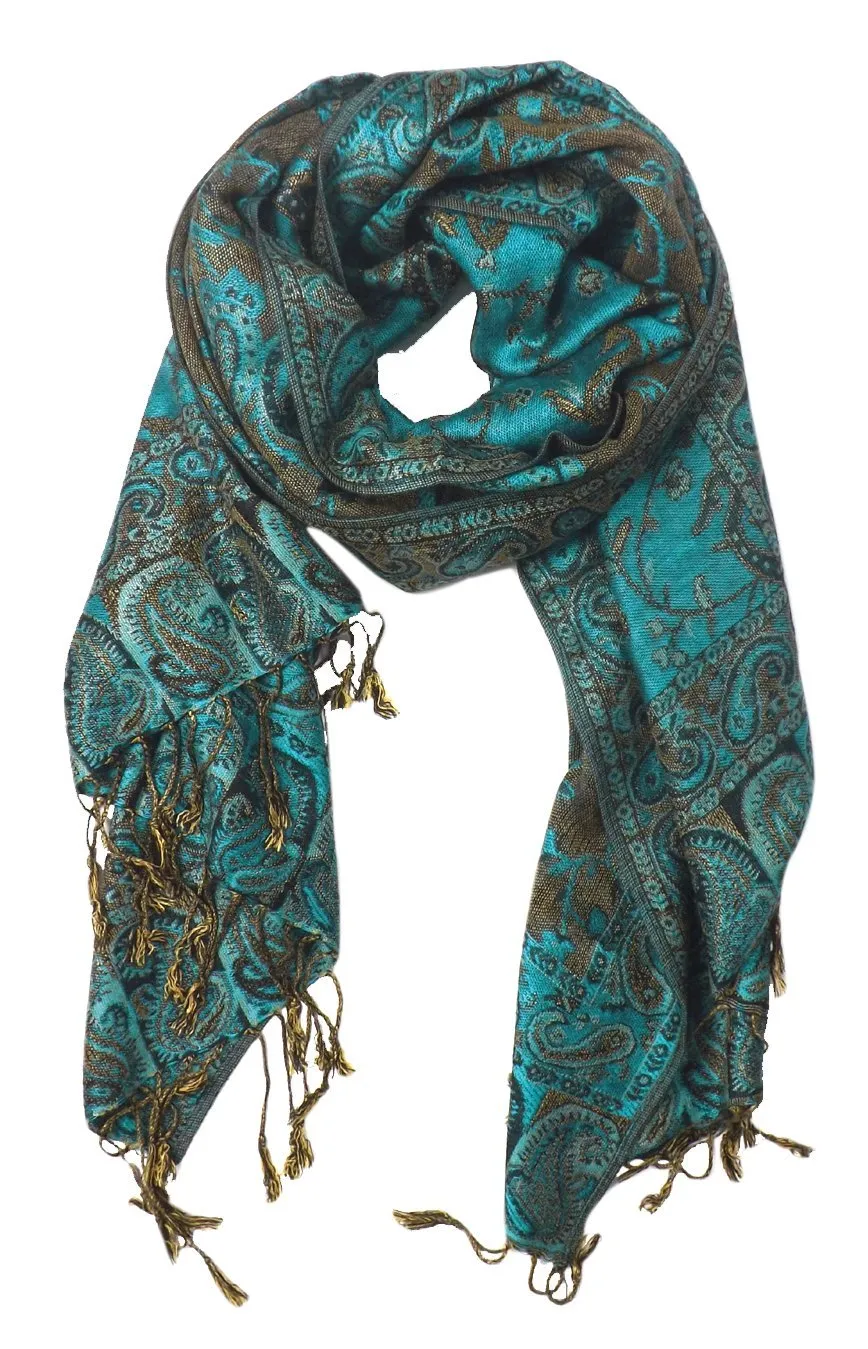 Teal Peach Couture Elegant Reversible Paisley Pashmina Shawl Wrap