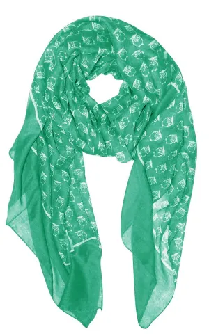Teal/White Peach Couture Summer Lightweight Soft Animal Bird Owl Printed Sheer Scarf Shawl
