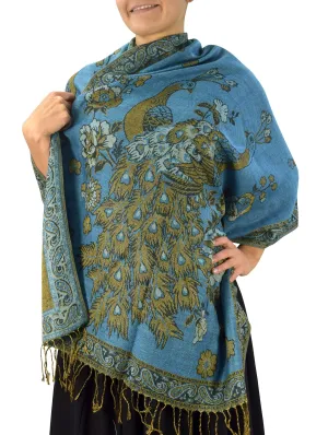 Turquoise Floral Peacock Reversible Shimmer Layered Pashmina Wrap Shawl Scarf