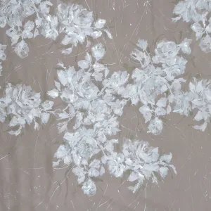 White and Silver Florals Mosaic Hand Painted Stamp on Sheer Silk Organza Fabric