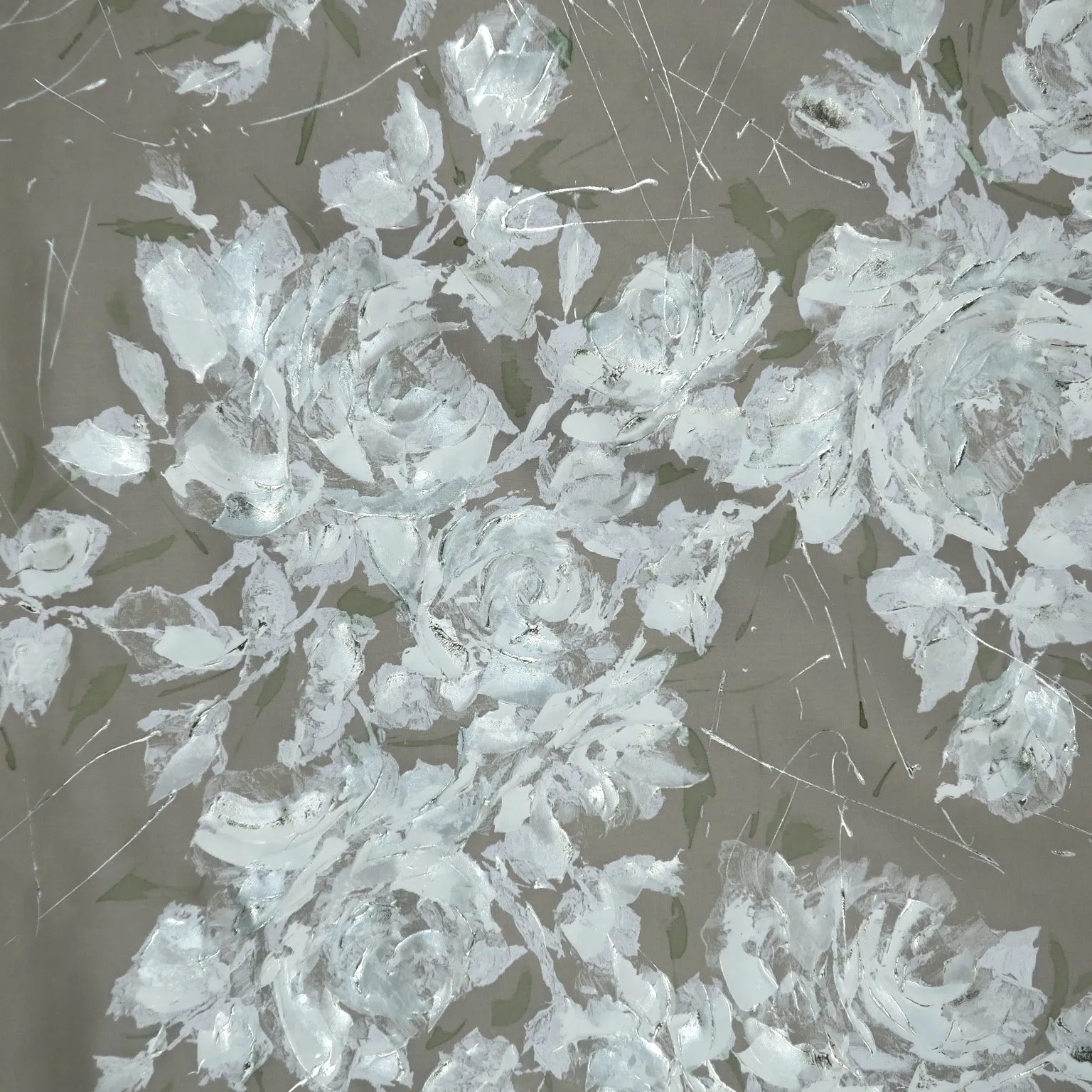 White and Silver Florals Mosaic Hand Painted Stamp on Sheer Silk Organza Fabric