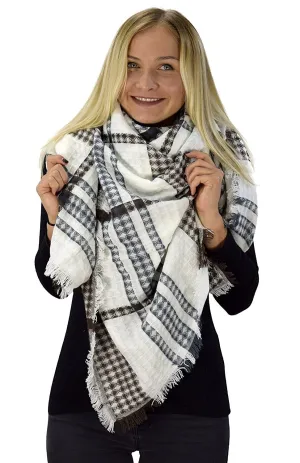 White Brown Warm Woven Oversized Tartan Plaid Blanket Scarf Shawl